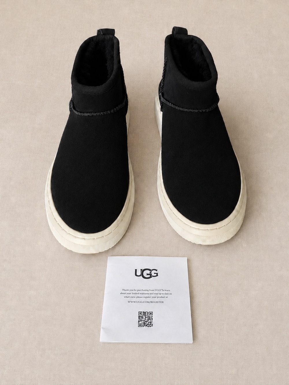 UGG Priya Plush Black Suede White Sole Ankle Sneaker Boots Women’s 7.5